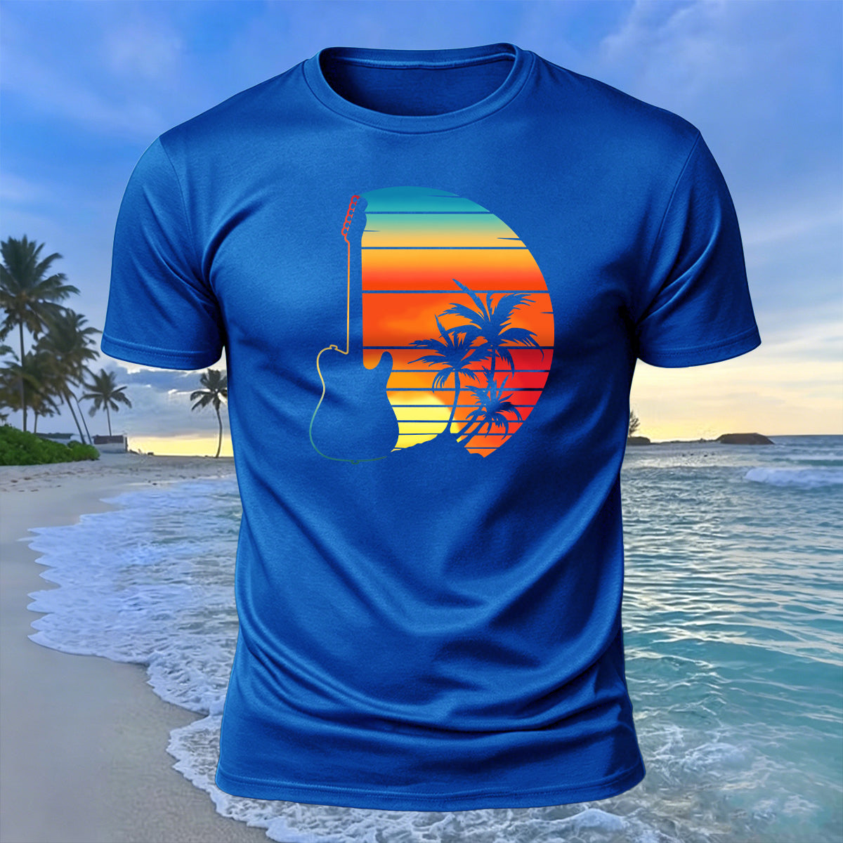 Beach Sunset Openwork Guitar Print Cotton T-Shirt Blue