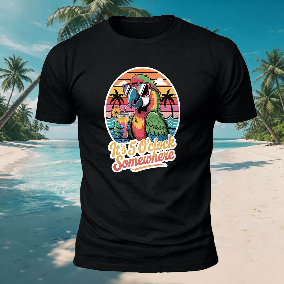Fun Parrot Drinking Juice Casual Skin-Friendly T-Shirt
