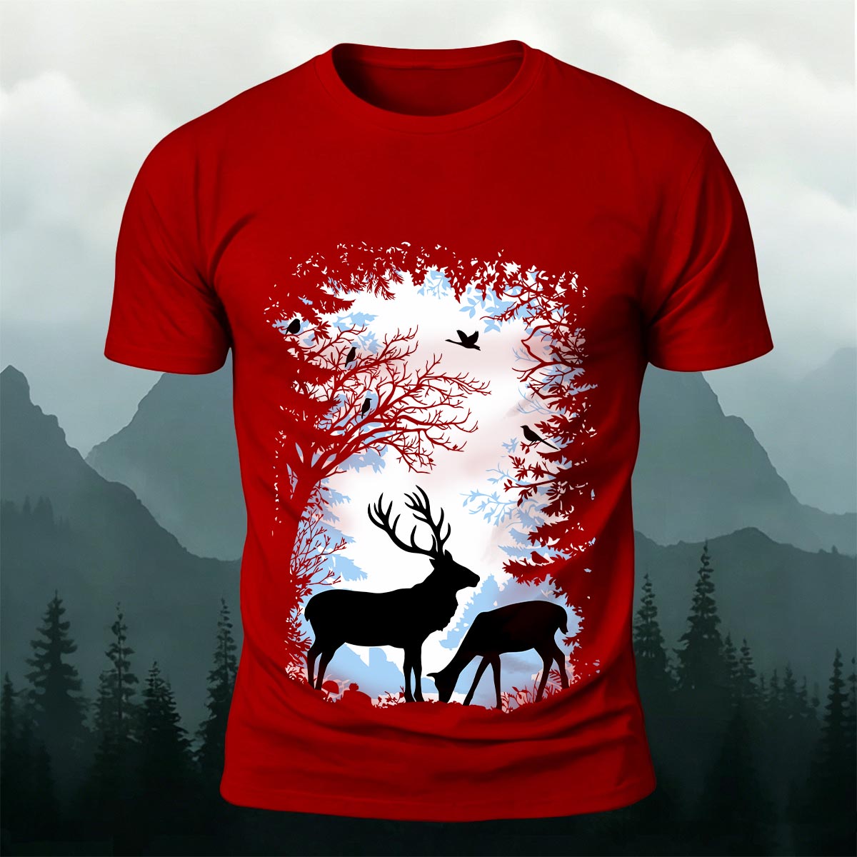 Forest and Deer Silhouette Print Crew-Neck T-Shirt