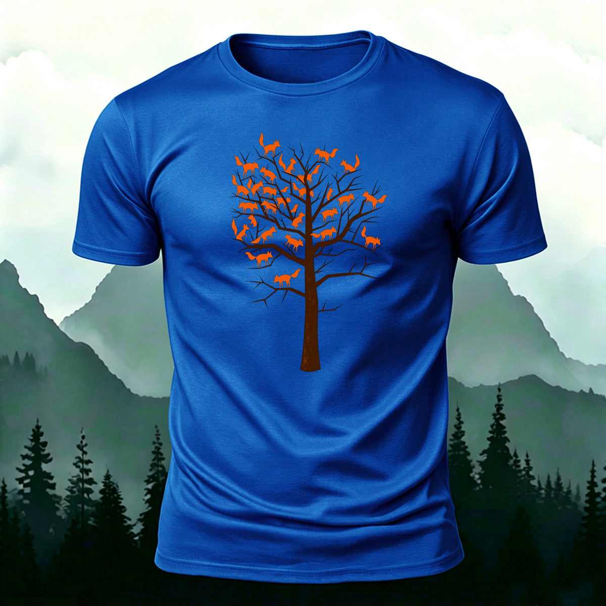 Foxes and Tree Art Pattern Casual Cotton T-Shirt Blue