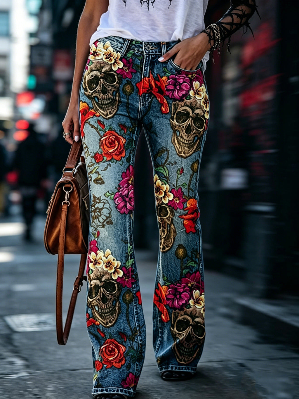 Floral Casual Lightweight Slightly Flared Pants
