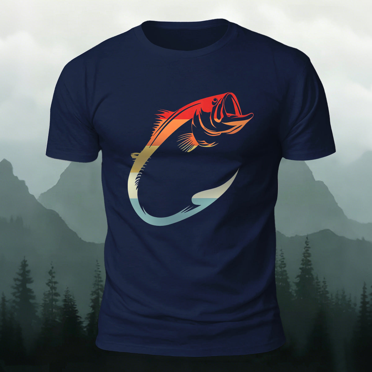 Colorful Hook Print Breathable Material Casual T-Shirt Navy