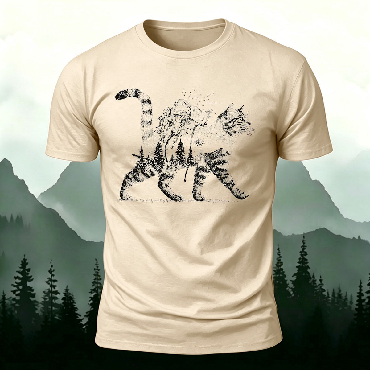 Scenic Kitten Pattern Premium Cotton Comfortable T-shirt Beige