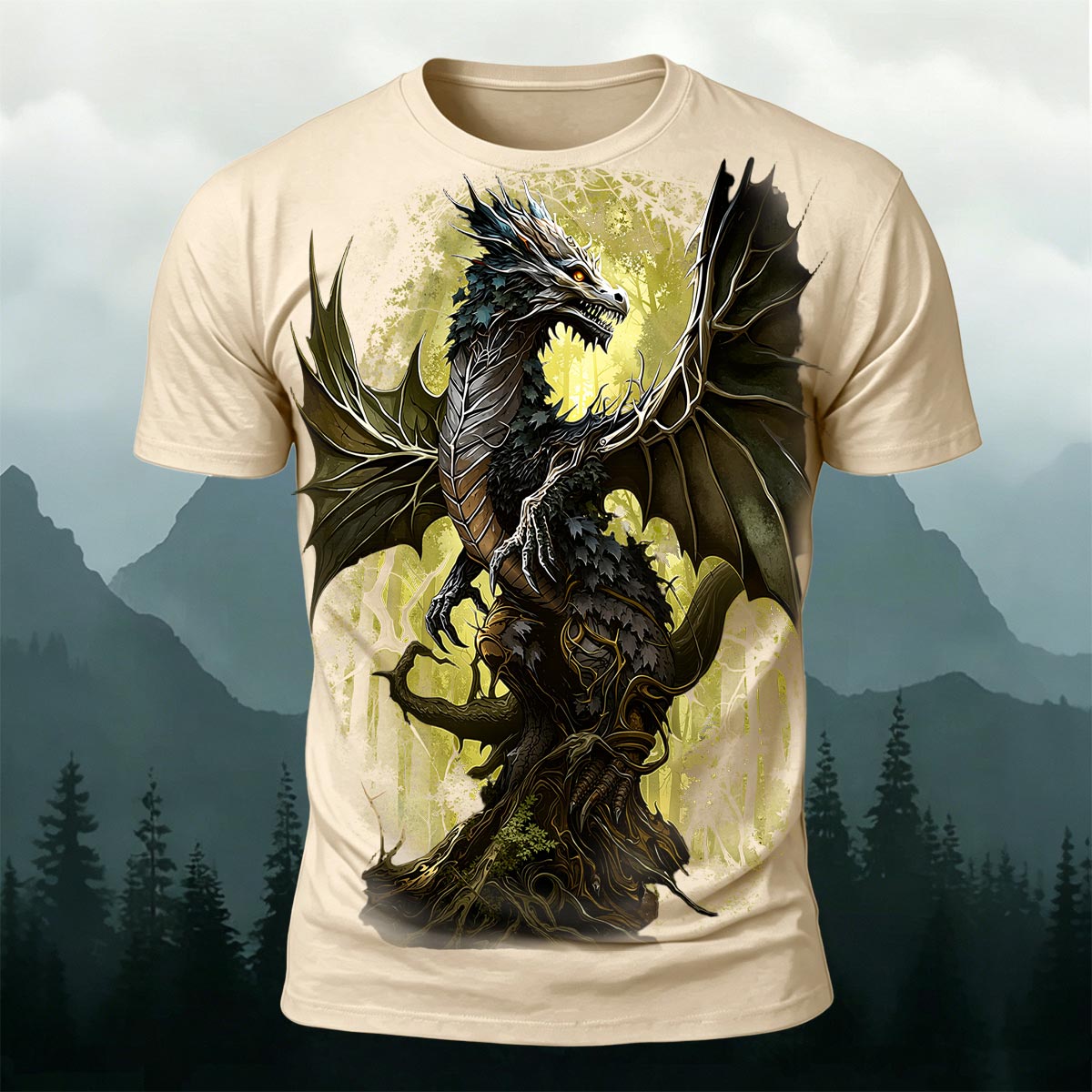 Retro Forest Dragon Print Outdoor 100% Cotton T-Shirt Beige
