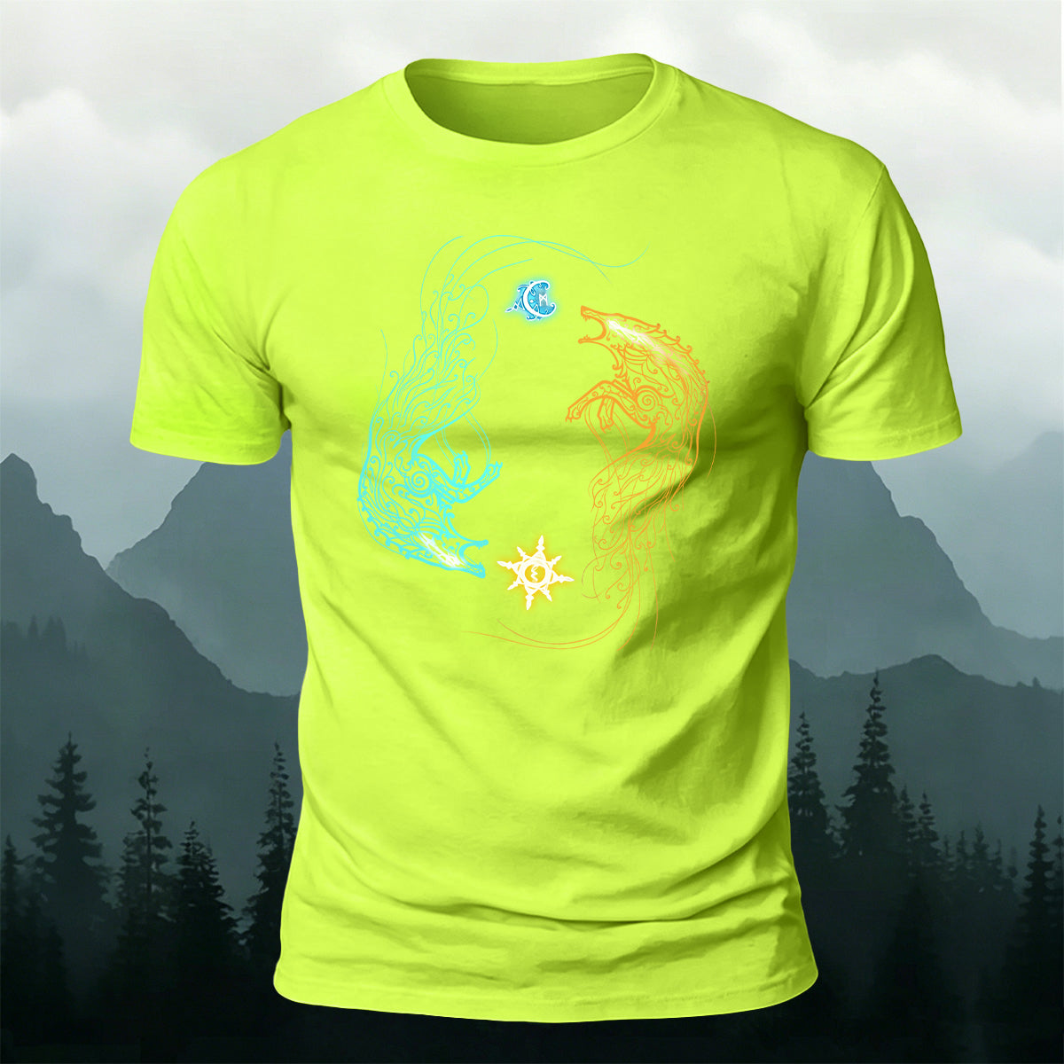 Sun and Moon Chasing Totem Print Versatile  Cotton Tee