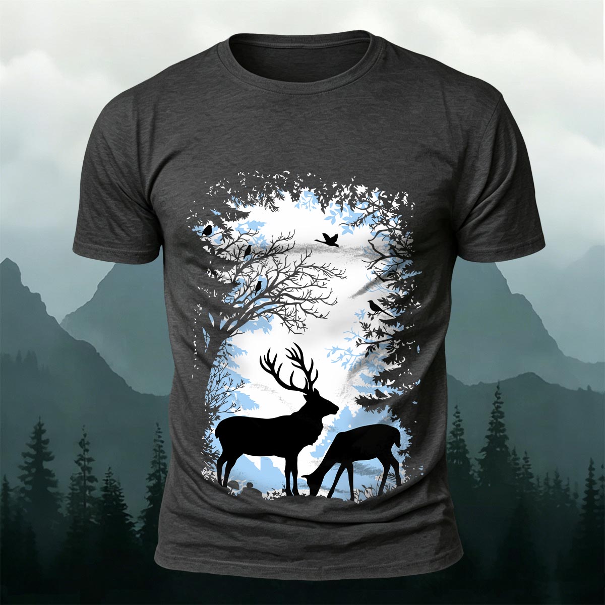 Forest and Deer Silhouette Print Crew-Neck T-Shirt