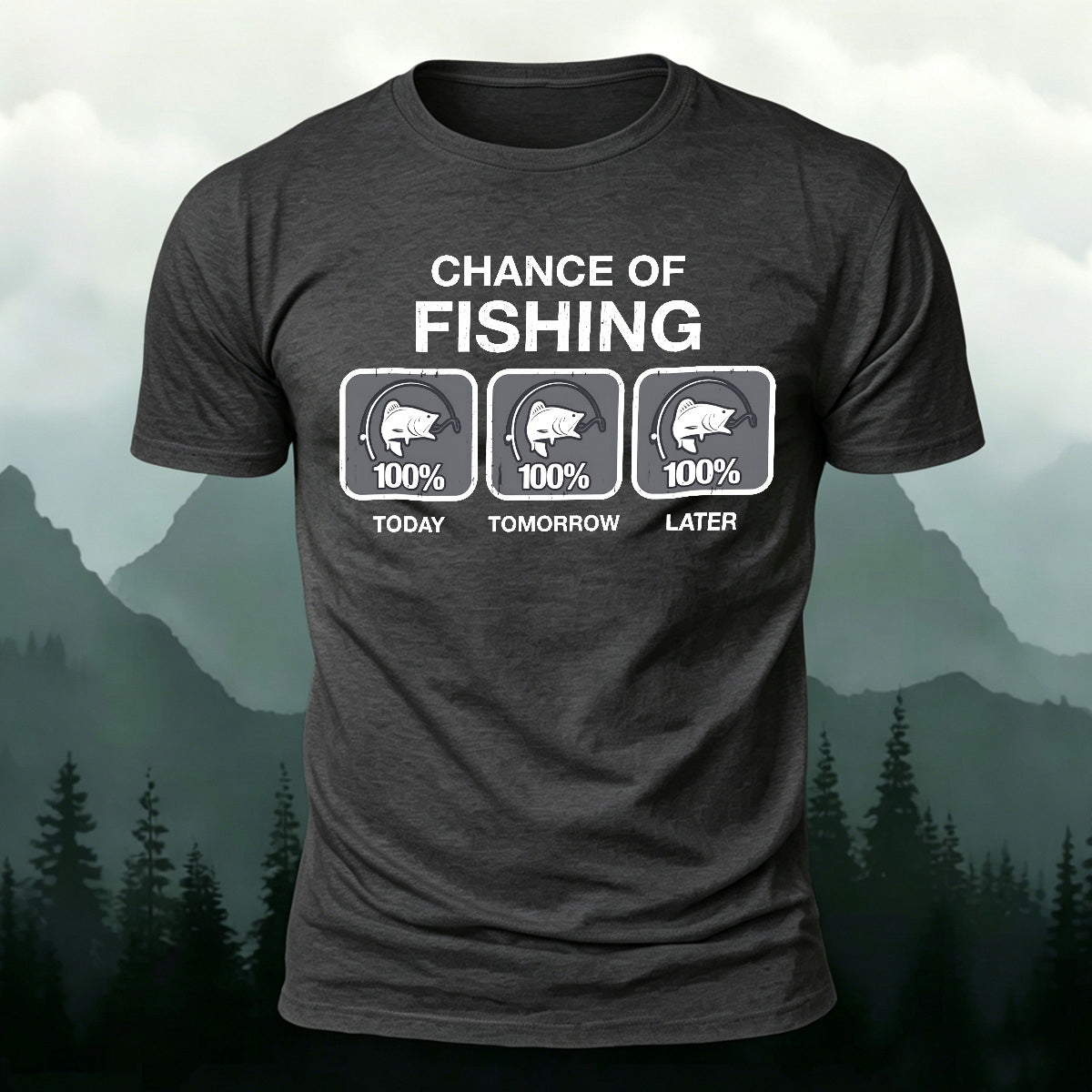 Fun Fishing Printed Casual Skin-friendly T-shirt Dark Grey