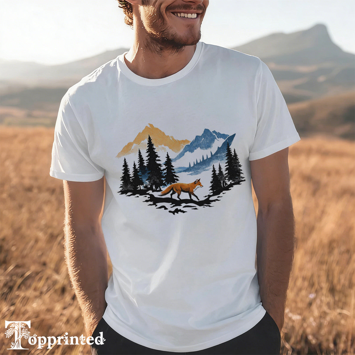 Men's Beautiful Landscape Painting Print Cotton T-Shirt