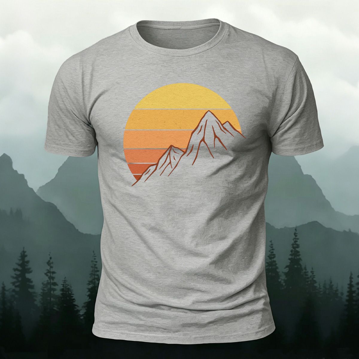 Sunlit Golden Mountain Print Casual Combed Cotton T-Shirt Grey