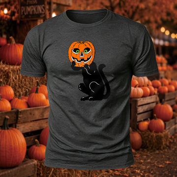 Vintage Black Cat Pumpkin Mask Printed Short Sleeve T-Shirt