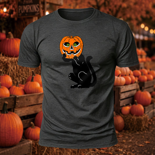 Vintage Black Cat Pumpkin Mask Printed Short Sleeve T-Shirt