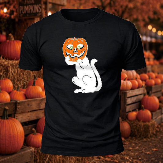 Vintage Black Cat Pumpkin Mask Printed Short Sleeve T-Shirt