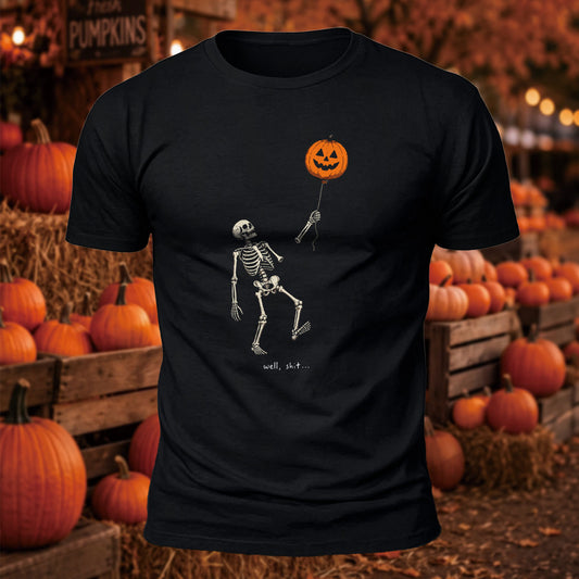 Funny Skeleton Pumpkin Balloon Printed Short Sleeve T-Shirt