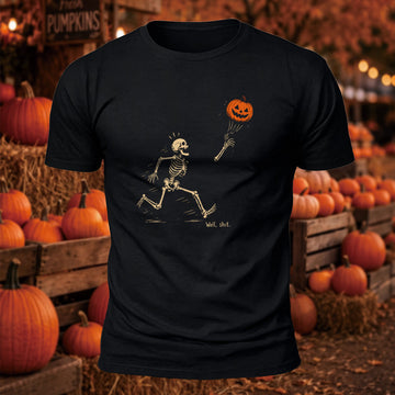 Funny Running Skeleton Pumpkin Balloon Printed Short Sleeve T-Shirt