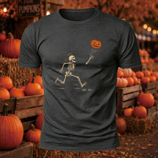 Funny Running Skeleton Pumpkin Balloon Printed Short Sleeve T-Shirt