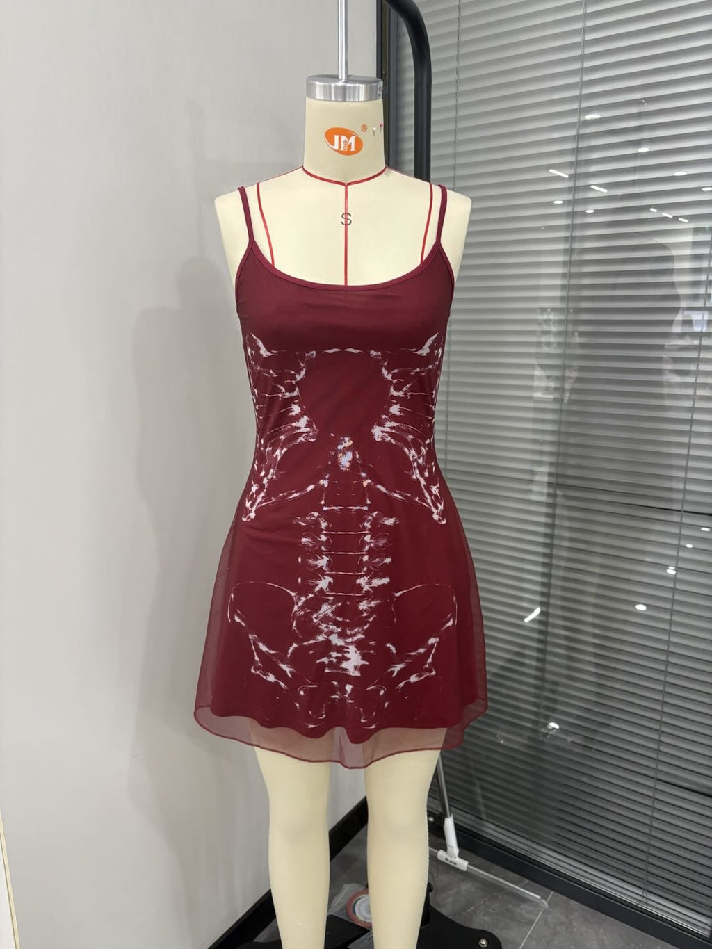 Dark-themed Skeleton-Print Bodycon Spaghetti-Strap Dress