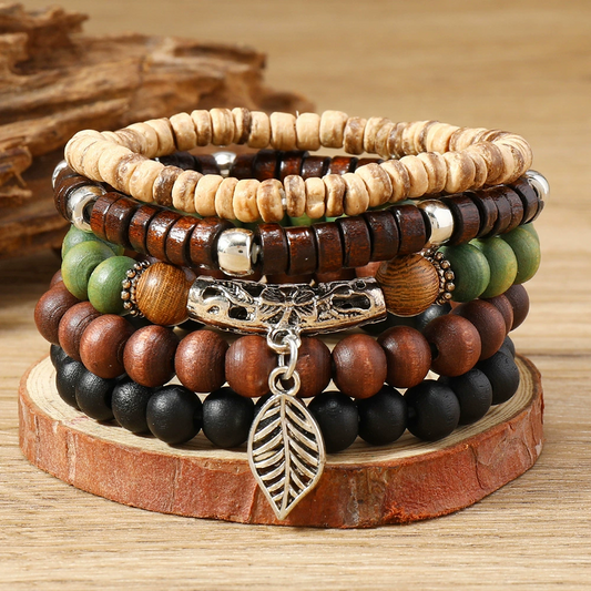 Natural Forest Leaf Wooden Bead Stack Bracelet