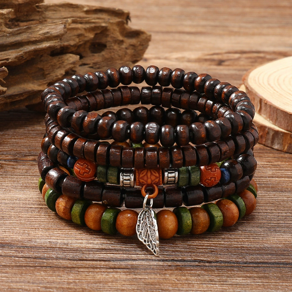 Natural Forest Leaf Wooden Bead Stack Bracelet