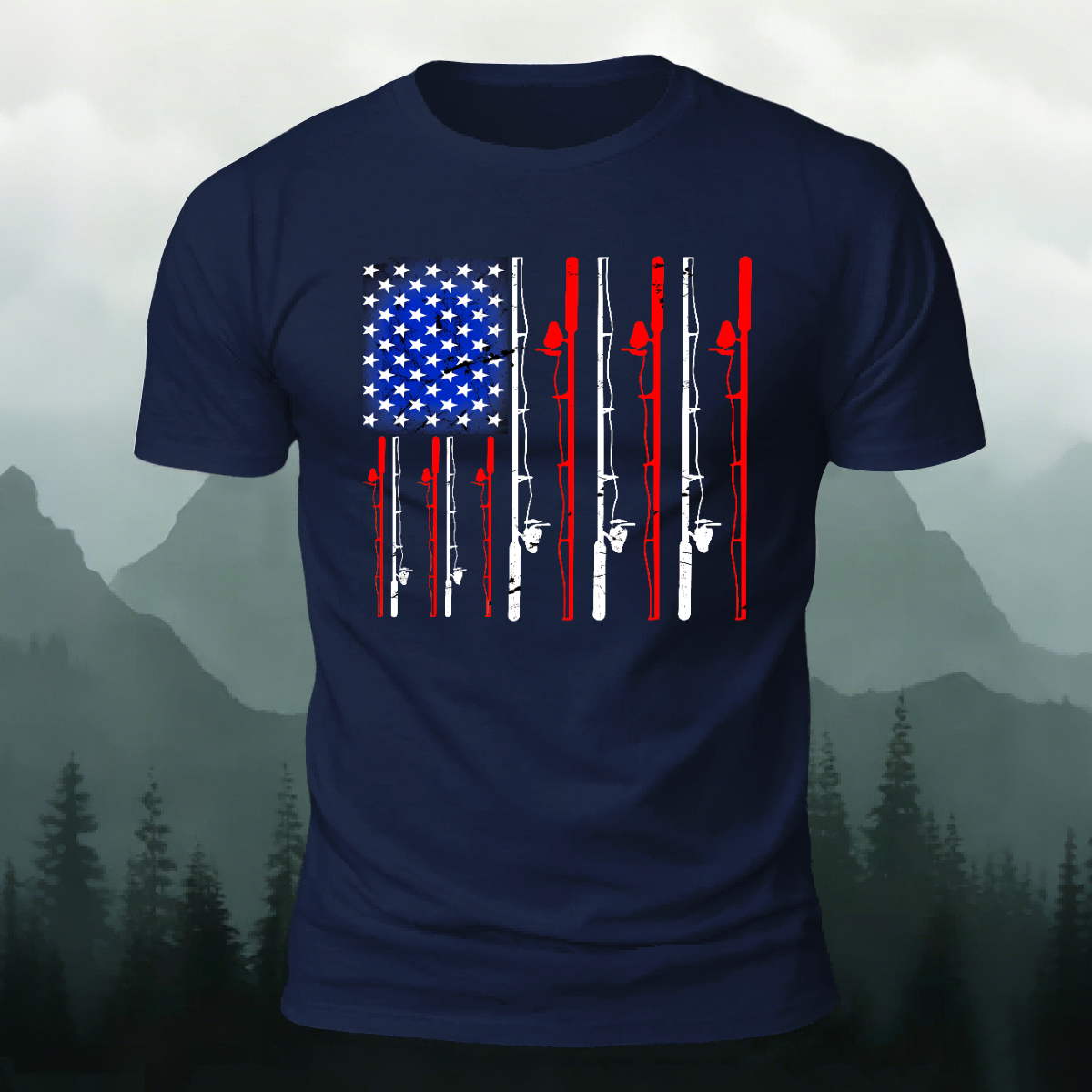 American-style Fishing Rod Pattern Cotton T-shirt Navy