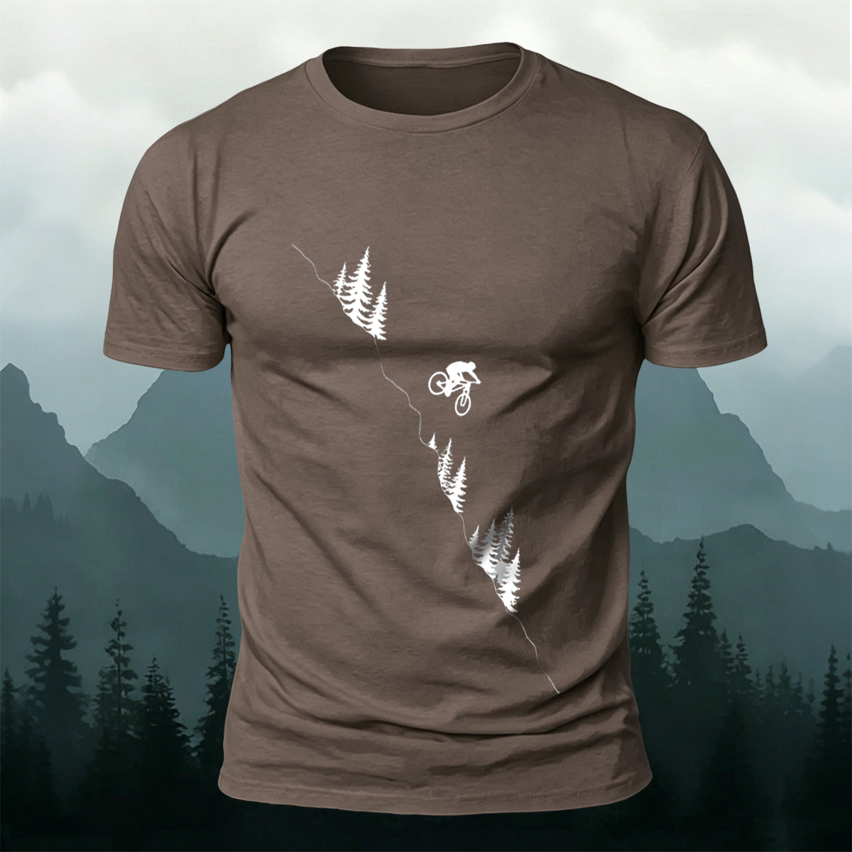 Mountain and Forest Cycling Silhouette Print  Cotton Outdoor T-Shirt