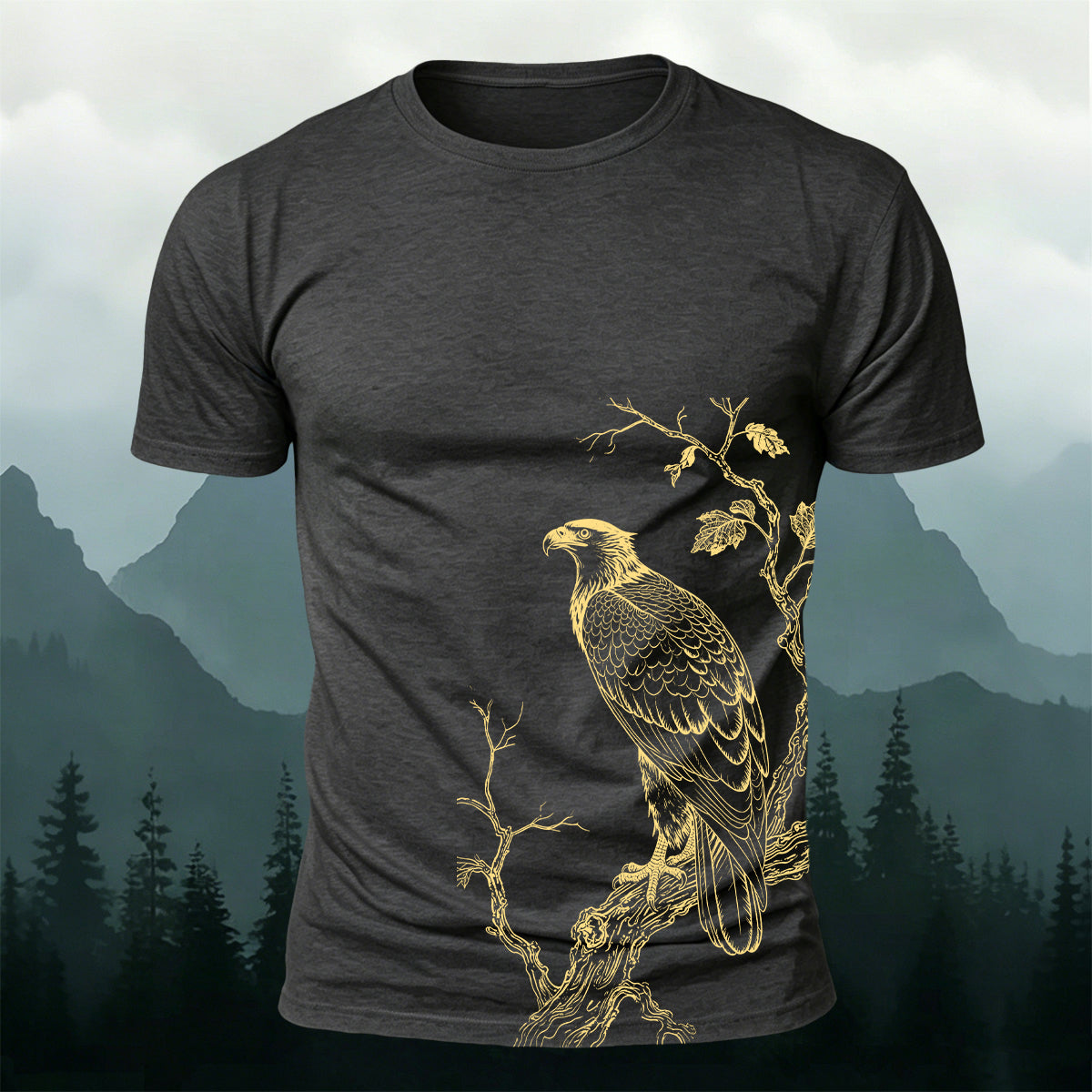 Bird-on-a-Branch PrintCasual 100% Cotton T-Shirt Dark Grey