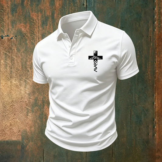 Minimalist Geometric Mountain Cross White Polo Shirt