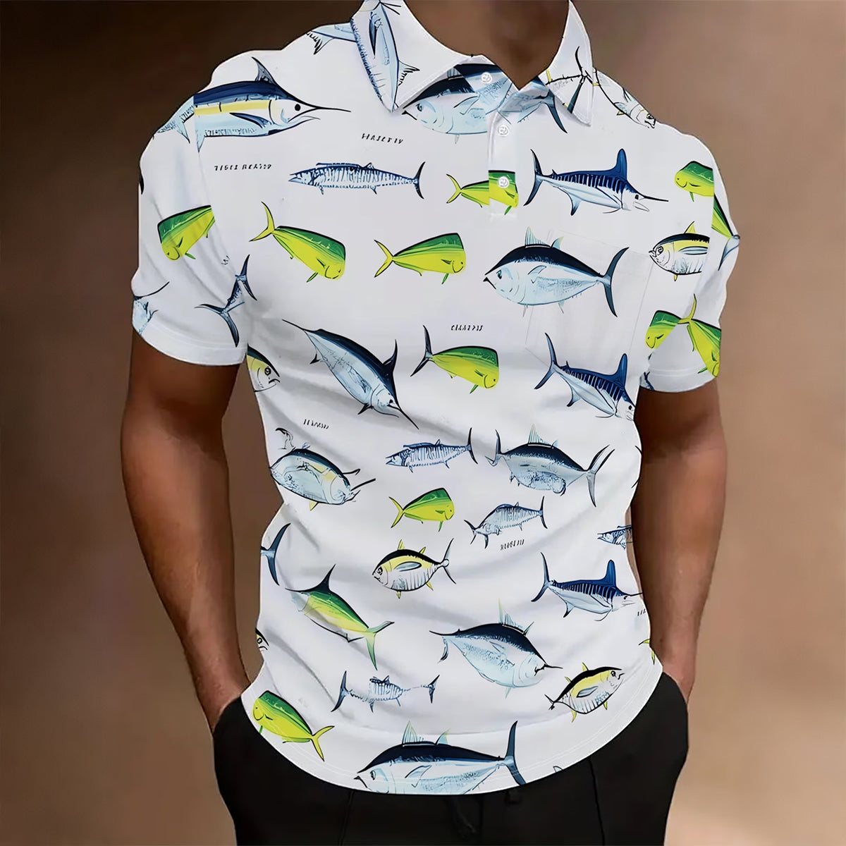 Sardine Print Slim-Fit Beach Resort  Polo Shirt