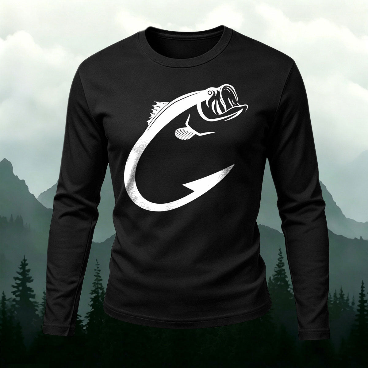 Fun Fish Hook Print Casual Long-Sleeve Cotton T-Shirt