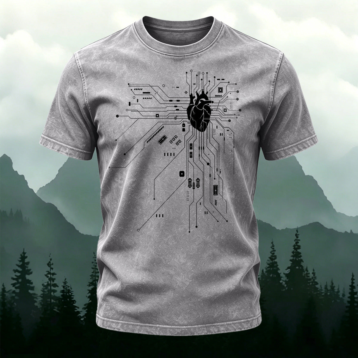 Heart Circuit Pattern Casual Washed Cotton T-Shirt