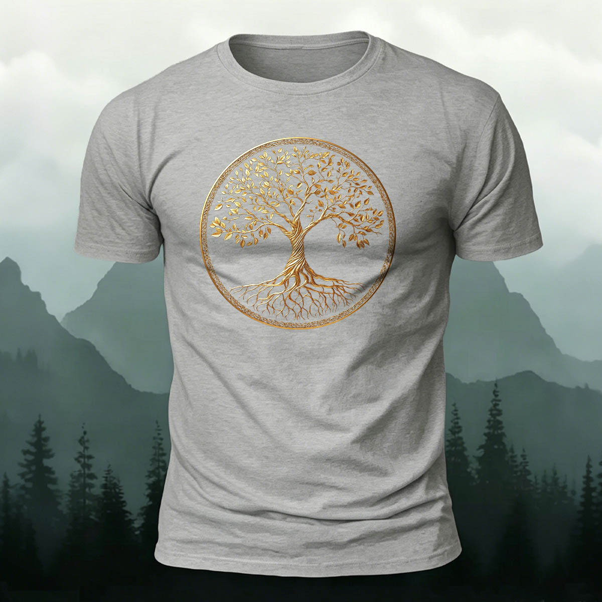 Golden Tree of Life Printed Cotton Crew Neck T-Shirt