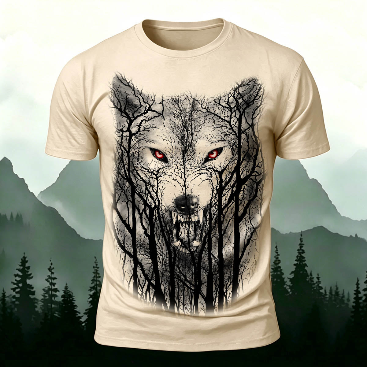 Dark Forest Wolf King Printed Casual Cotton T-Shirt Beige