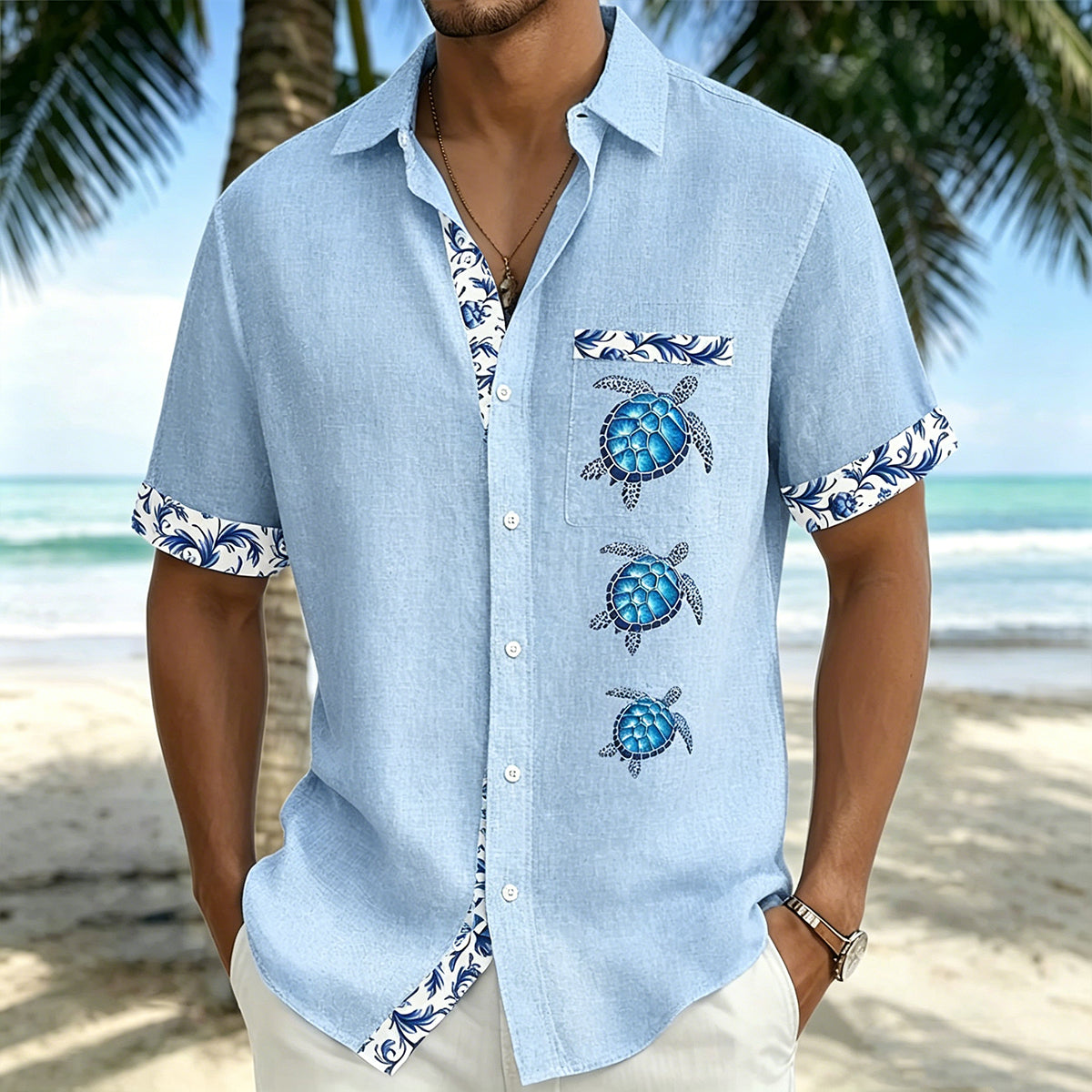 Simple Turtle-Print Beach Vacation Shirt Blue 1
