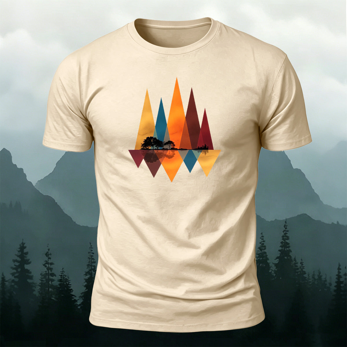 Geometric Mountain Reflection Print Cotton T-Shirt