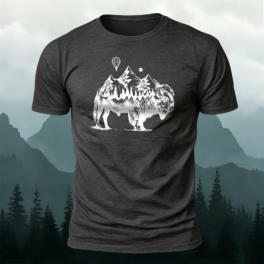 Cotton Retro Bison Landscape Casual T-Shirt