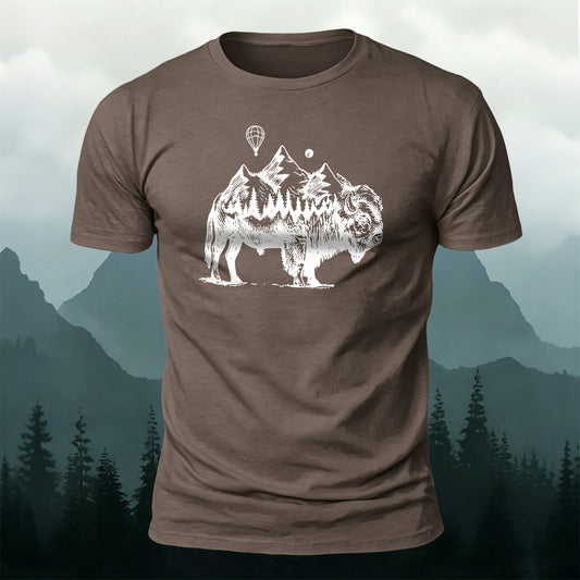 Cotton Retro Bison Landscape Casual T-Shirt