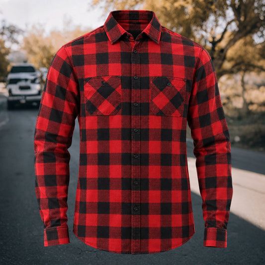 Men's Vintage Red & Black Plaid Flannel Long Sleeve Shirt