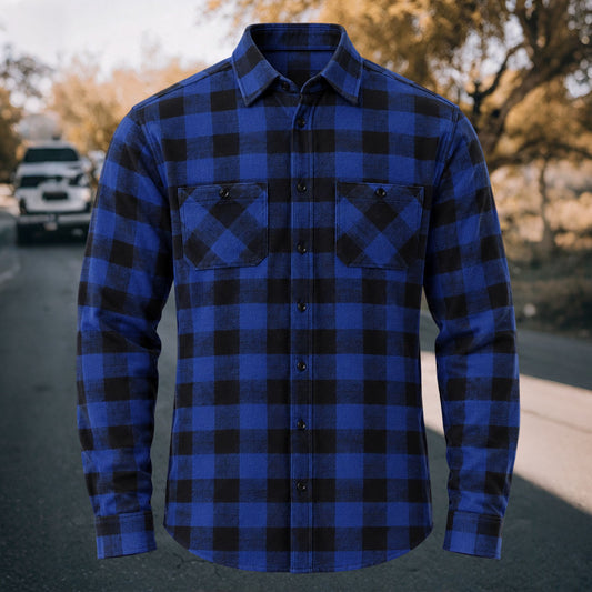 Men's Vintage Royal Blue & Black Plaid Flannel Long Sleeve Shirt
