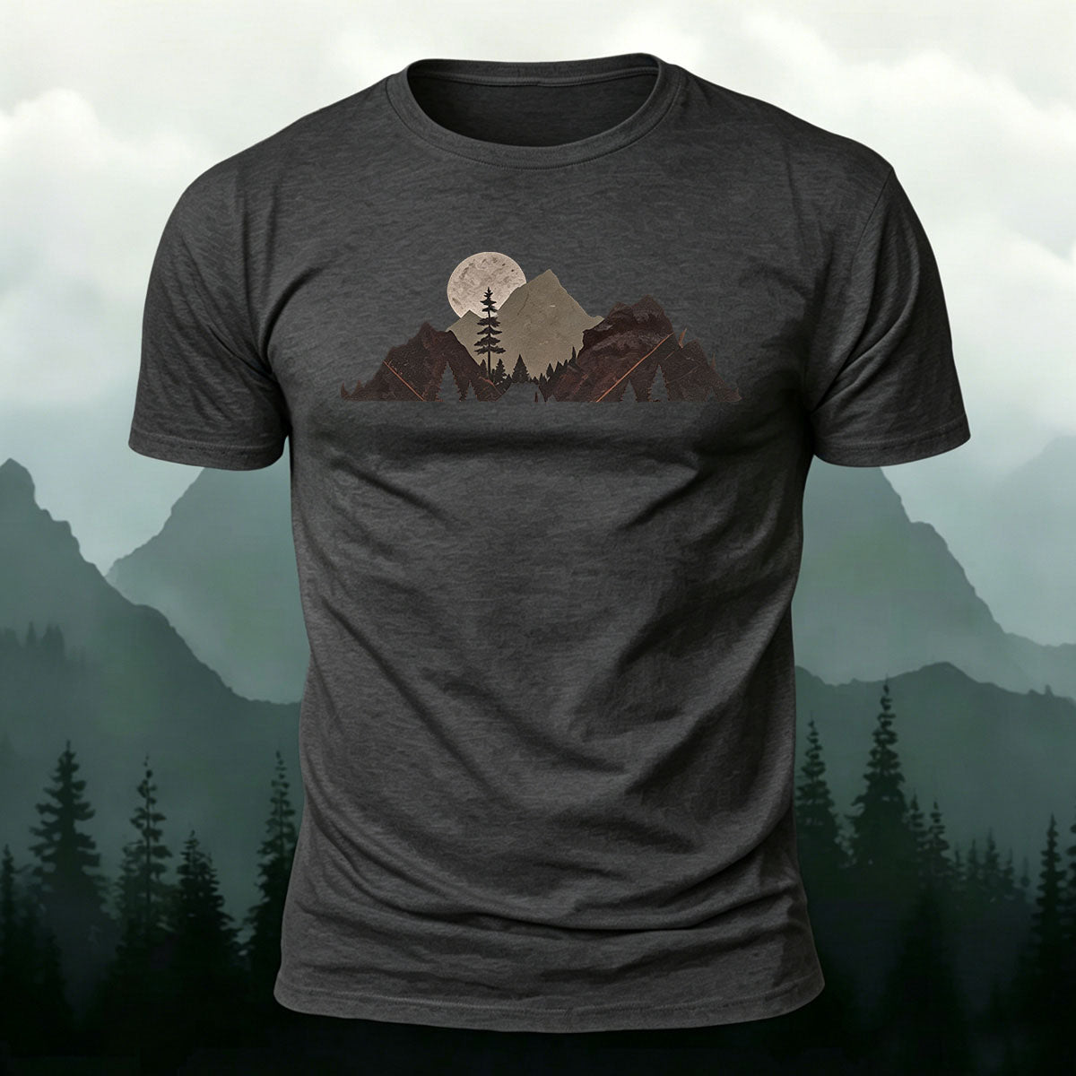 Mountain Landscape Pattern Natural Style Casual T-Shirt Dark grey