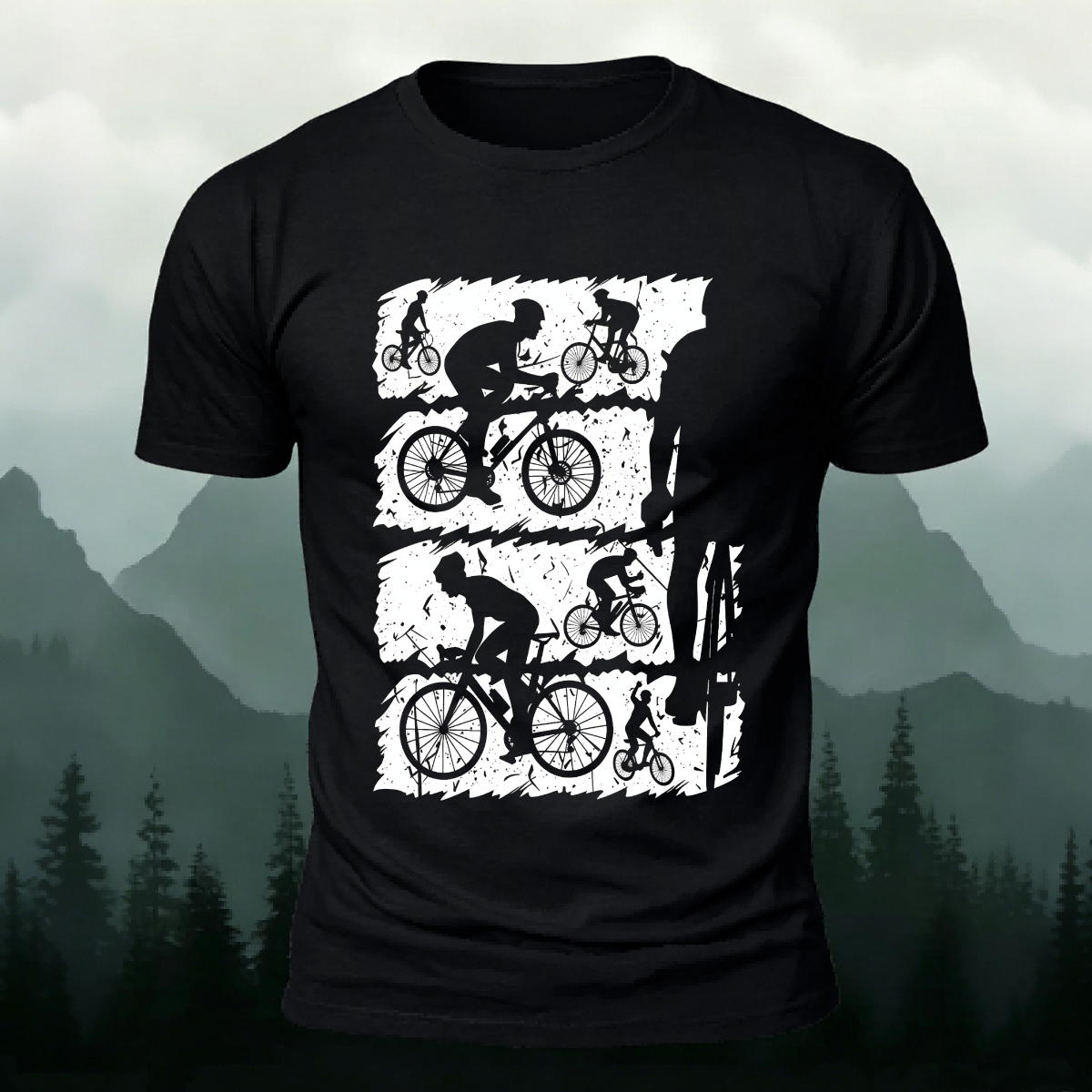 Mountain Bike Print Outdoor Style Soft Cotton T-Shirt Black