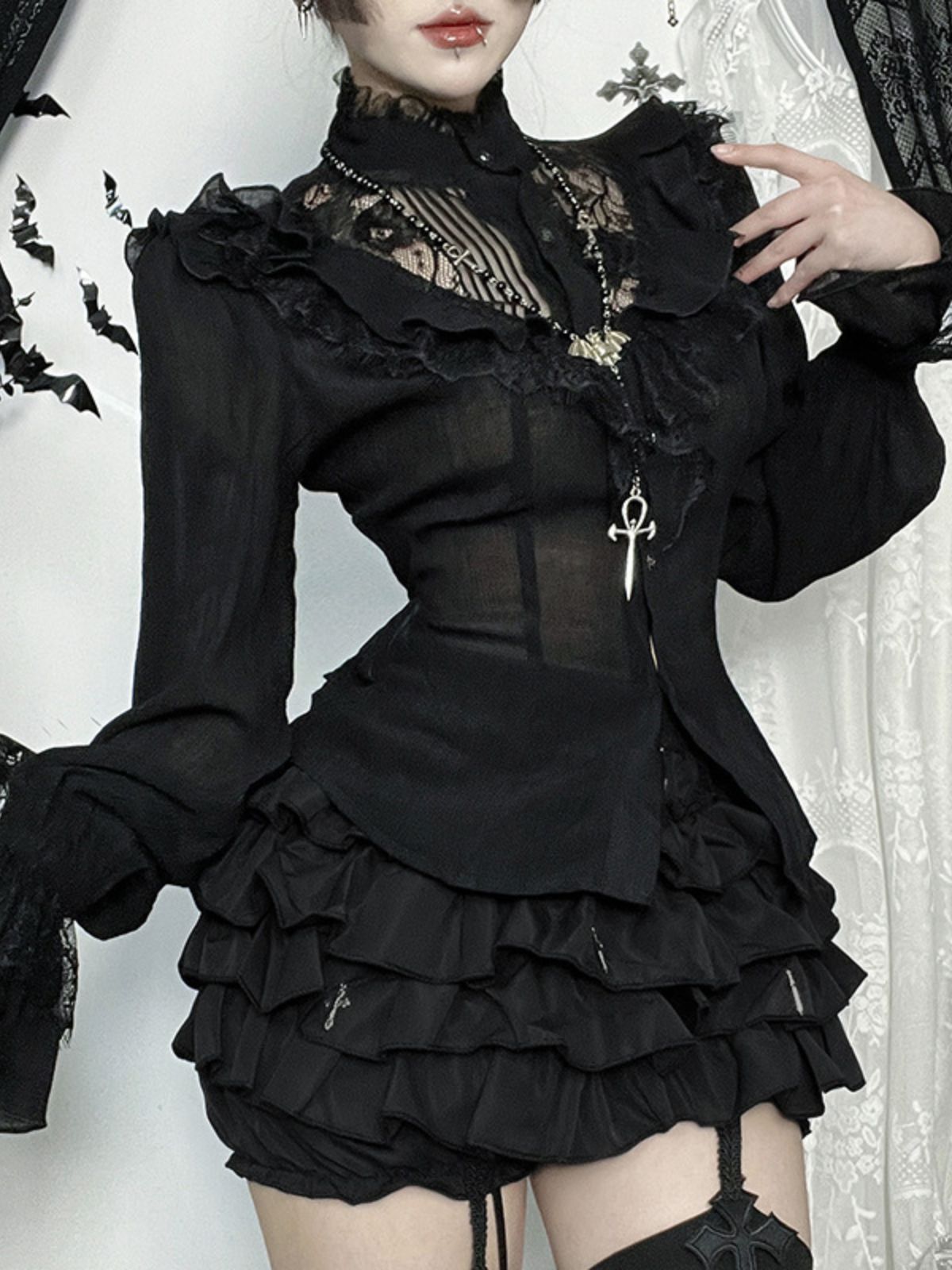 Halloween Lace-Cutout Dark-Style Long-Sleeve Shirt