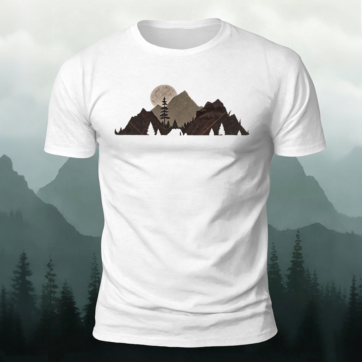 Mountain Landscape Pattern Natural Style Casual T-Shirt White