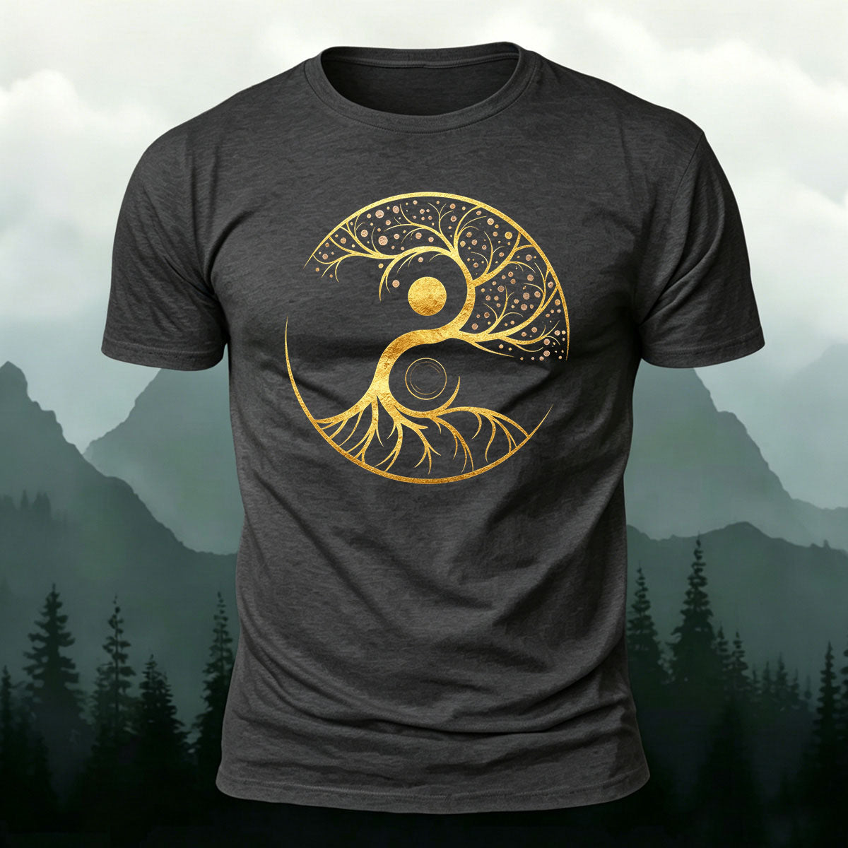 Artistic Graphics Pattern Mountain-Style Cotton T-Shirt Drak grey
