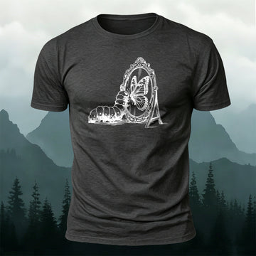 Cotton Retro Caterpillar Sees a Butterfly in the Mirror Tee