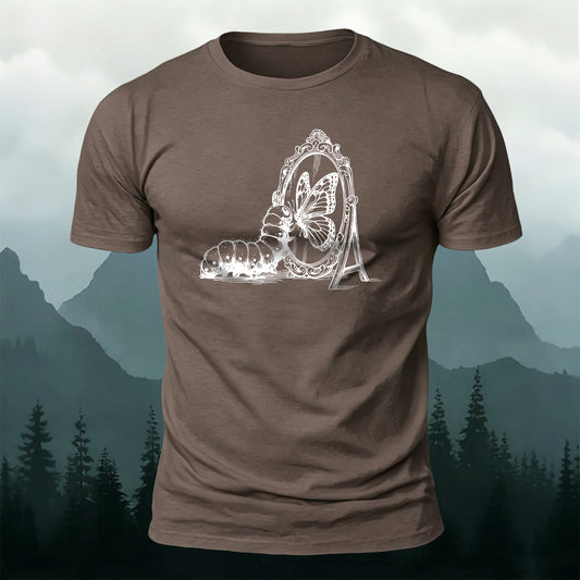 Cotton Retro Caterpillar Sees a Butterfly in the Mirror Tee