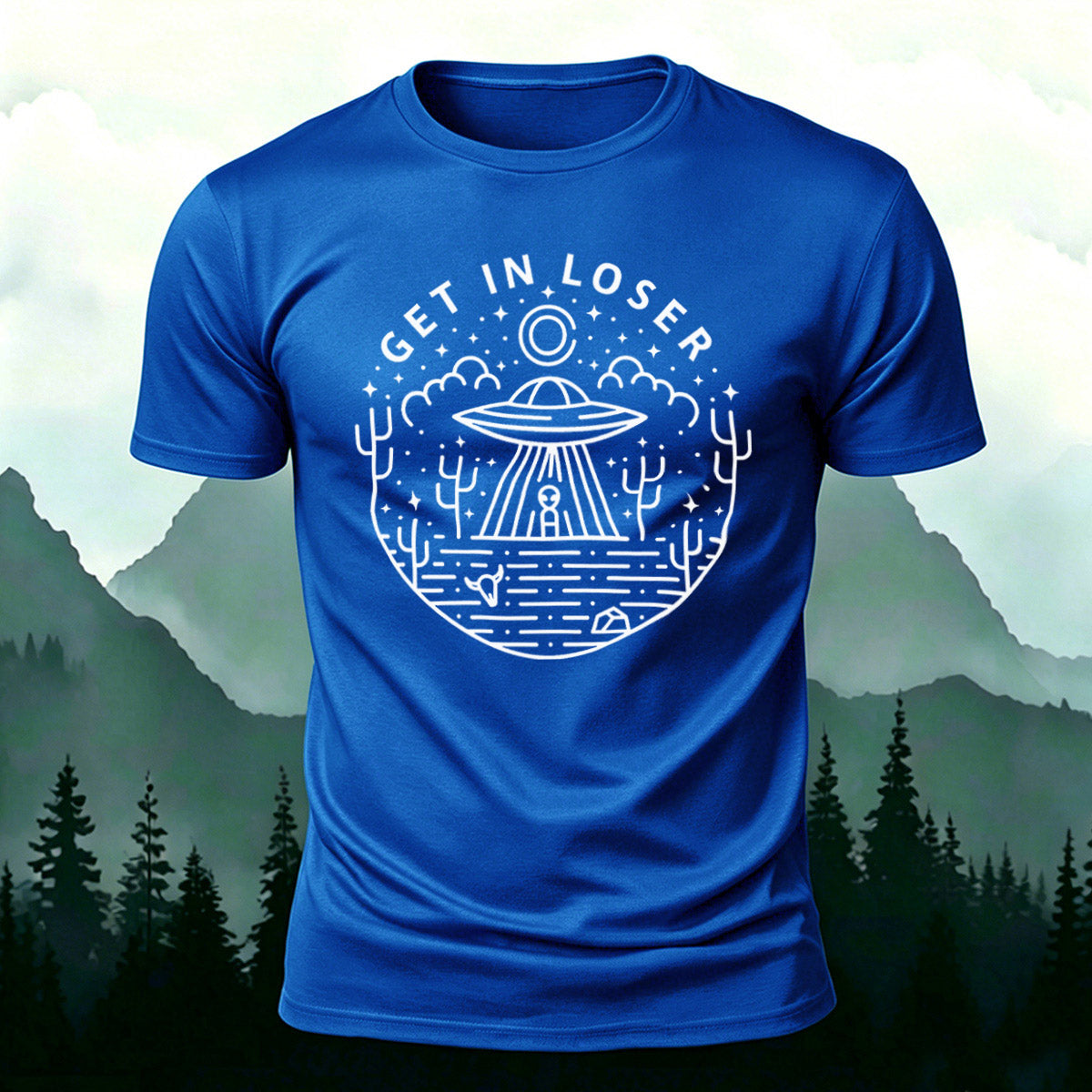 Simple Line Patterns Casual  Cotton Crew Neck T-Shirt Blue