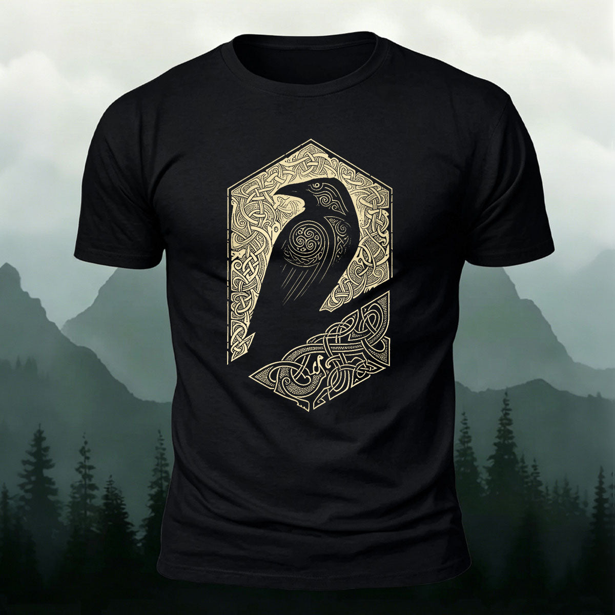 Bird Pattern Mountain-Style Comfortable Casual T-Shirt black
