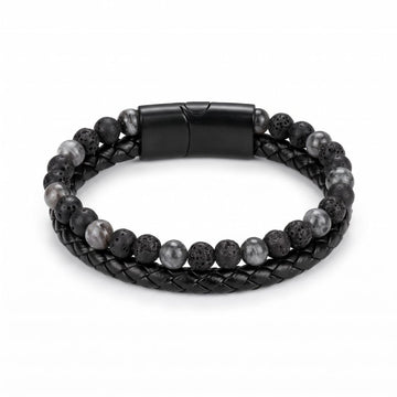 Leather Lava Stone Beaded Men Bracelet