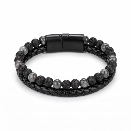 Leather Lava Stone Beaded Men Bracelet
