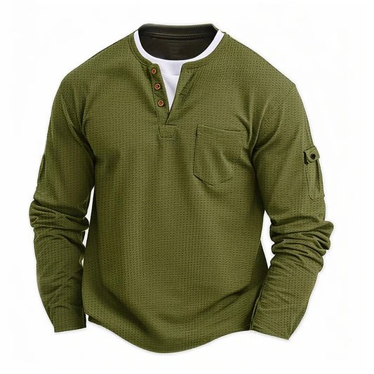 Waffle Faux-Layered Pocket Long Sleeve T-Shirt