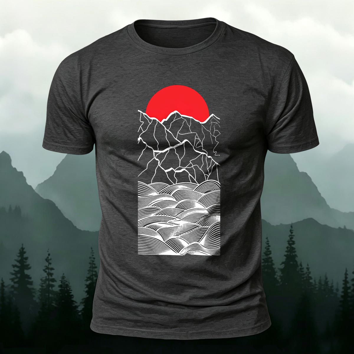 Forest Sunset Mountain Print Casual Cotton T-Shirt